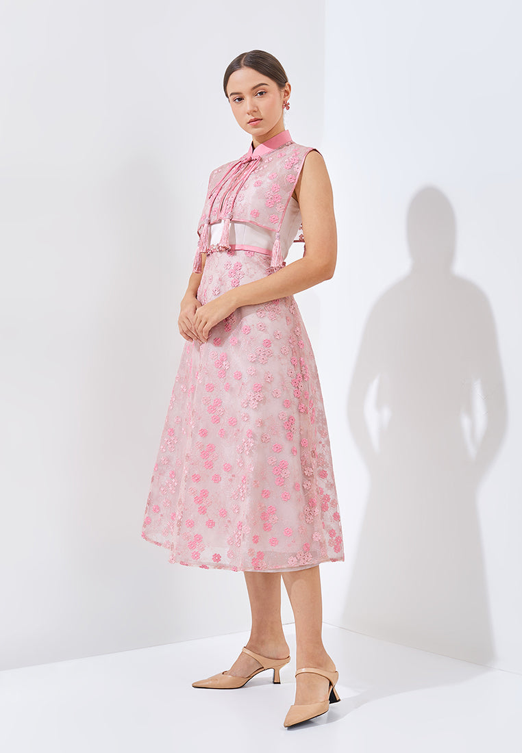 Neyrene Cheongsam Dress - Midi Sheer Cape Dress