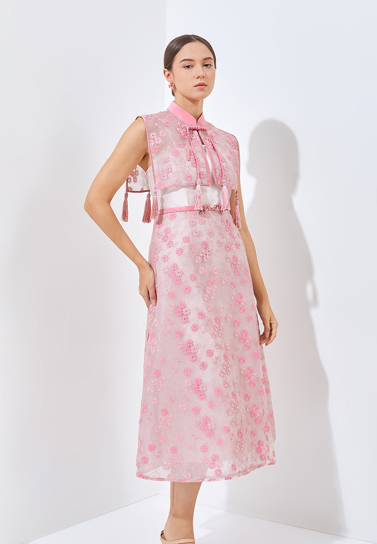 Neyrene Cheongsam Dress - Midi Sheer Cape Dress