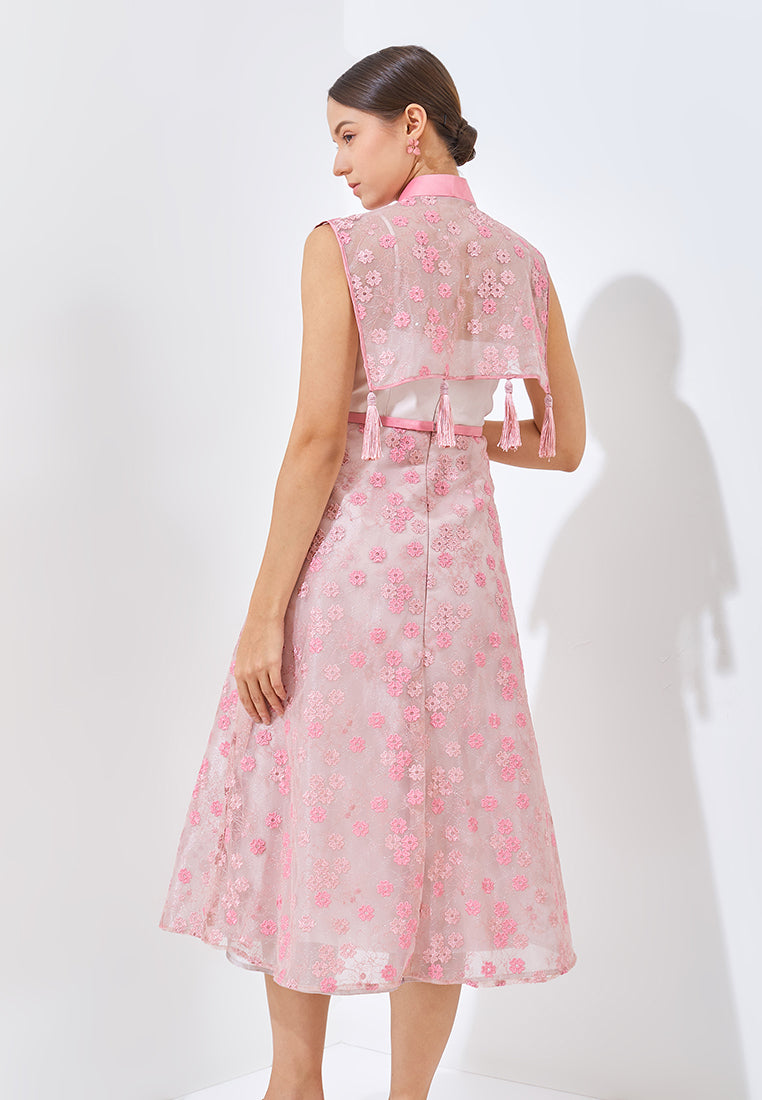 Neyrene Cheongsam Dress - Midi Sheer Cape Dress