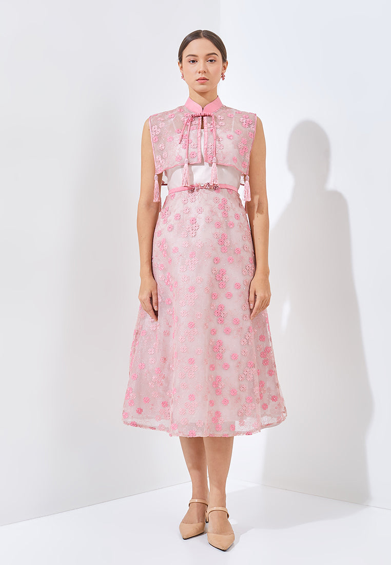 Neyrene Cheongsam Dress - Midi Sheer Cape Dress