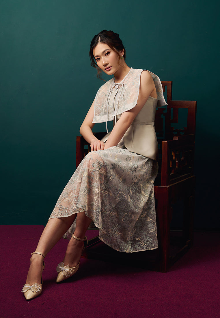 Olydia Cheongsam Dress – Duchess & Lace Midi Peplum Dress with Detachable Cape (Pre-Order)