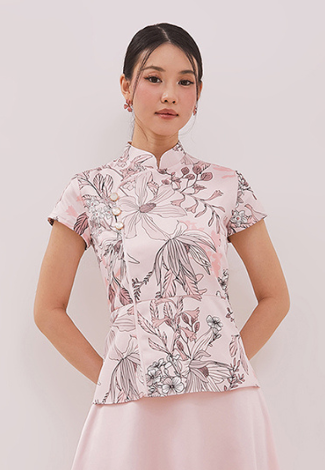 Penny Cheongsam Top - Floral Print Pink Top (Pre-Order)