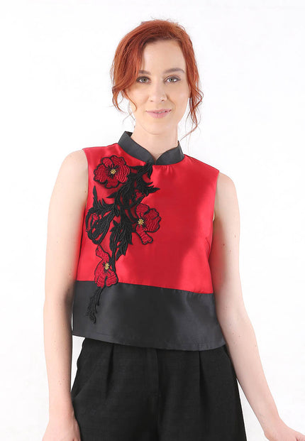 Poppy Cheongsam Top - Sleeveless Cropped Mandarin Collar Top