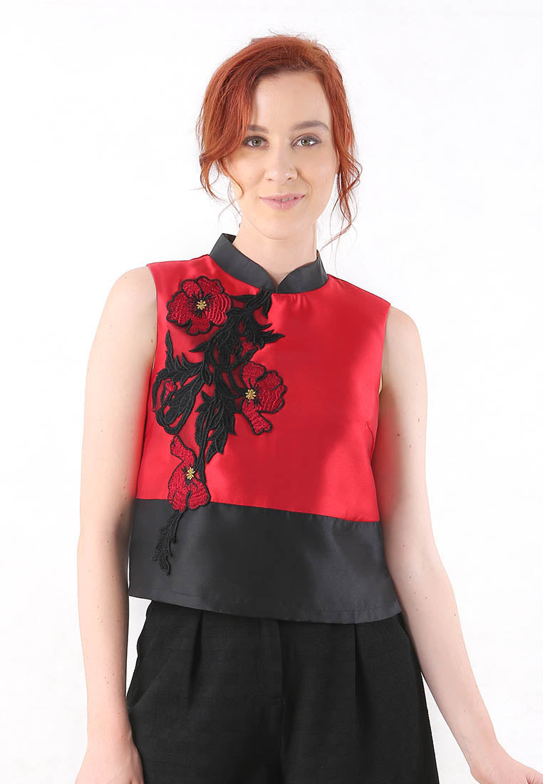 Poppy Cheongsam Top - Sleeveless Cropped Mandarin Collar Top