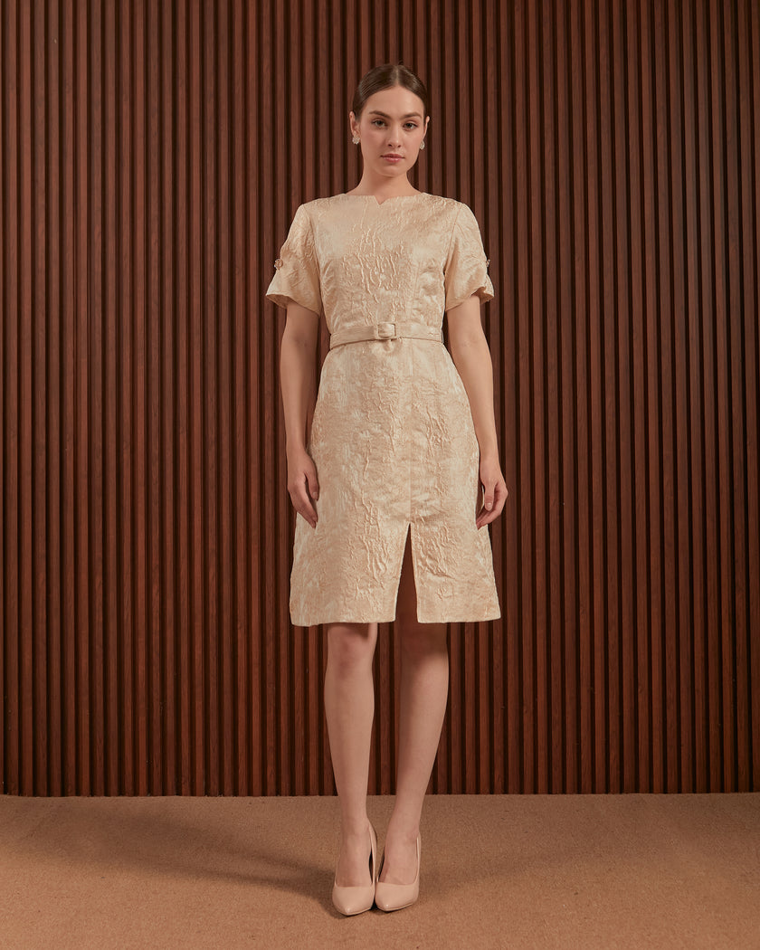 Candice Dress in Beige & Blue - Jacquard A-Line Women Dress