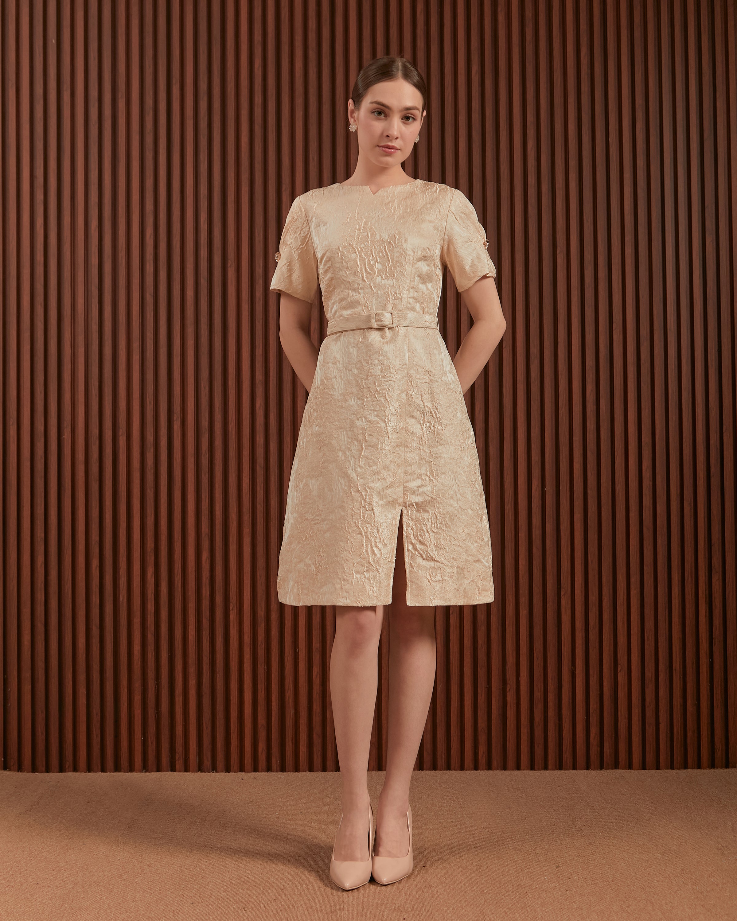 Candice Dress in Beige & Blue - Jacquard A-Line Women Dress