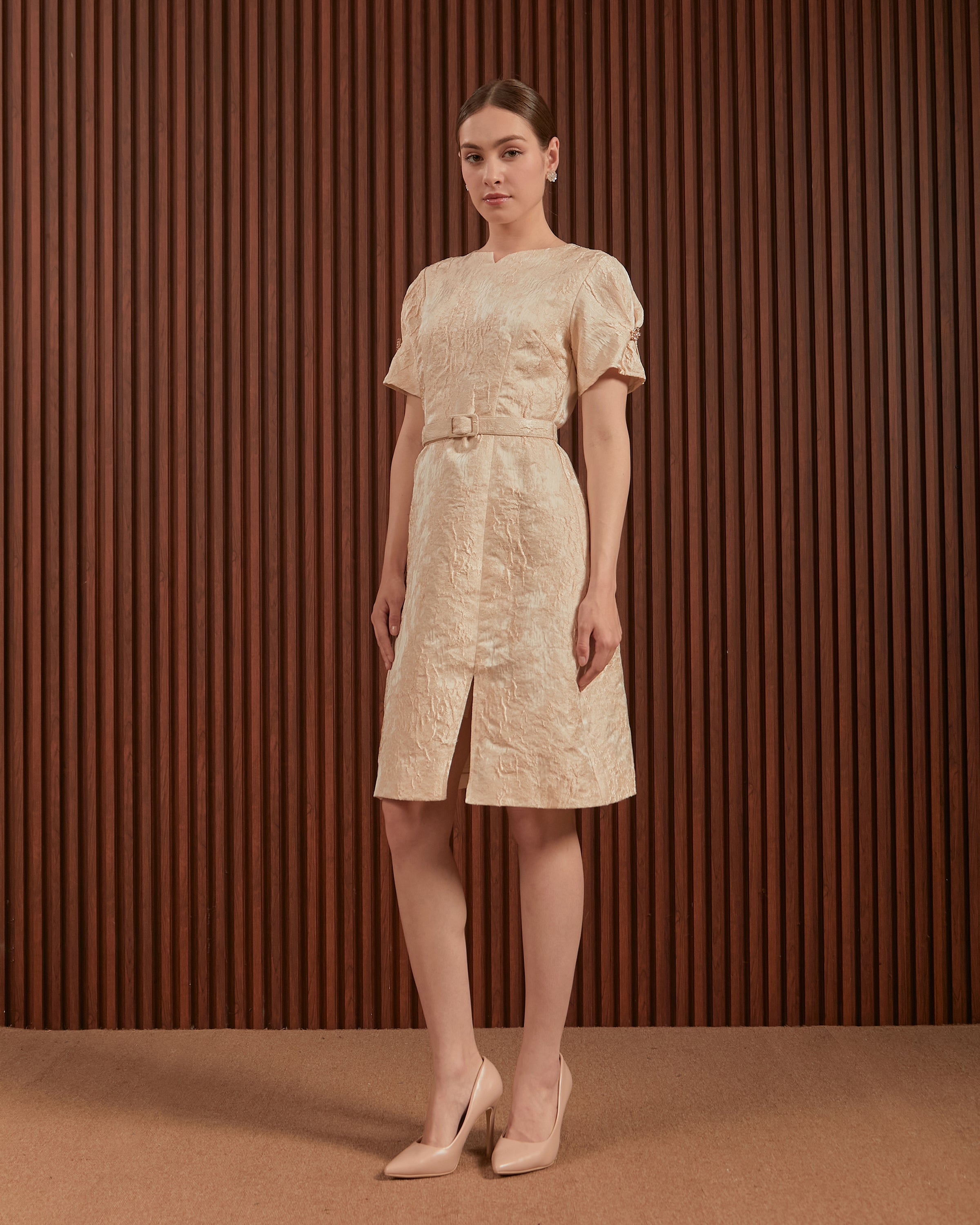 Candice Dress in Beige & Blue - Jacquard A-Line Women Dress