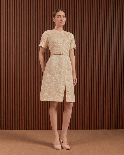 Candice Dress in Beige & Blue - Jacquard A-Line Women Dress