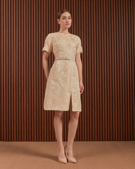 Candice Dress in Beige & Blue - Jacquard A-Line Women Dress