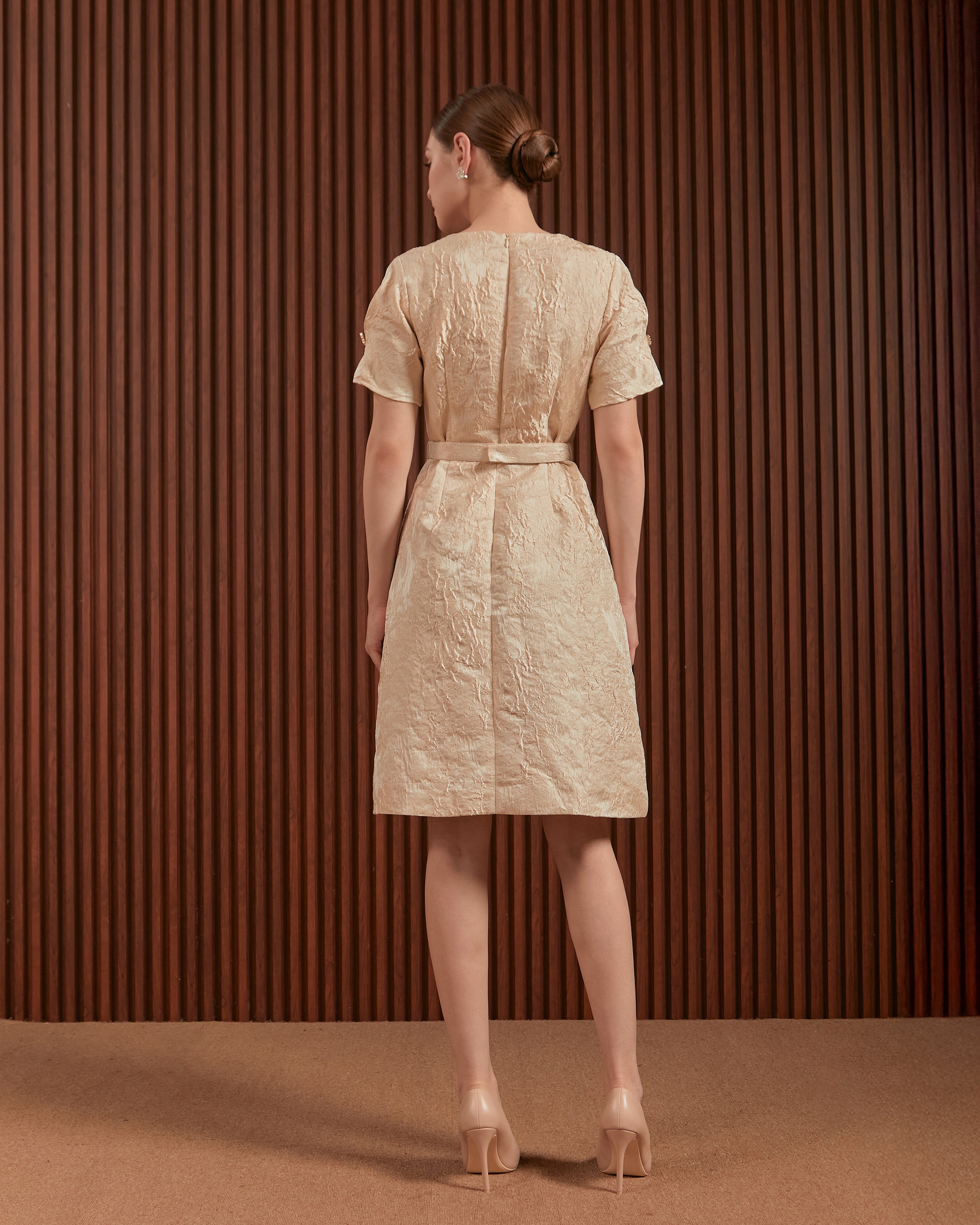 Candice Dress in Beige & Blue - Jacquard A-Line Women Dress