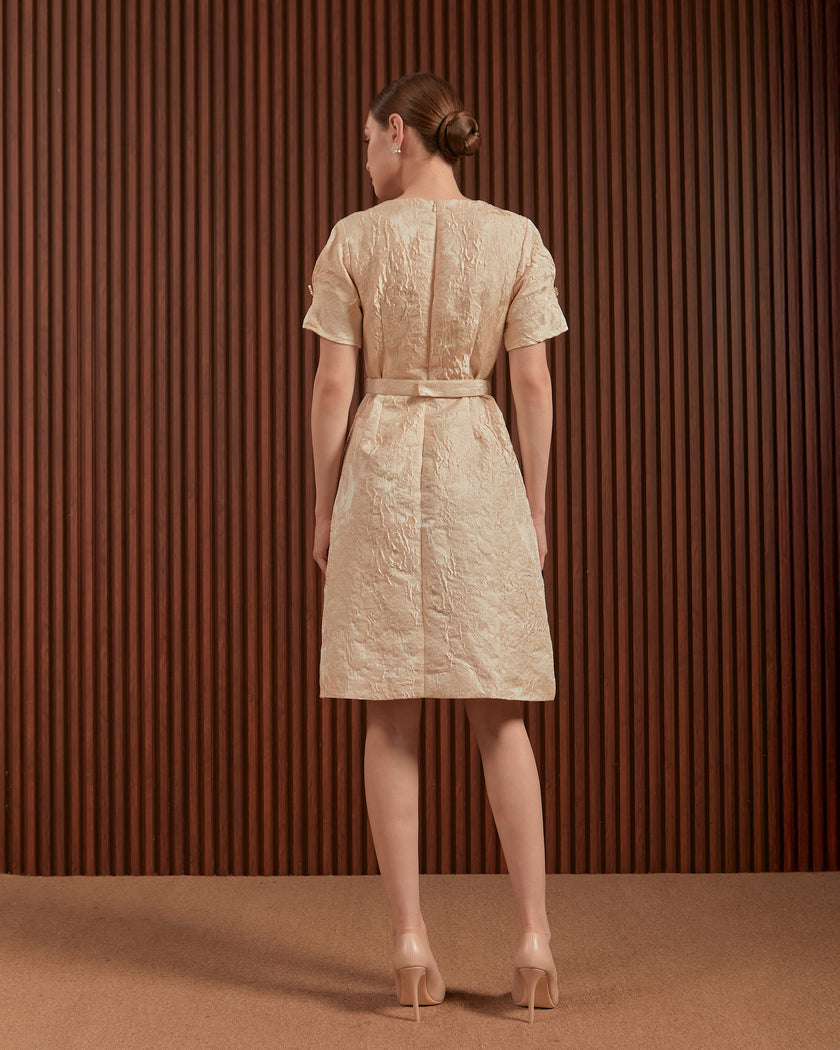 Candice Dress in Beige & Blue - Jacquard A-Line Women Dress