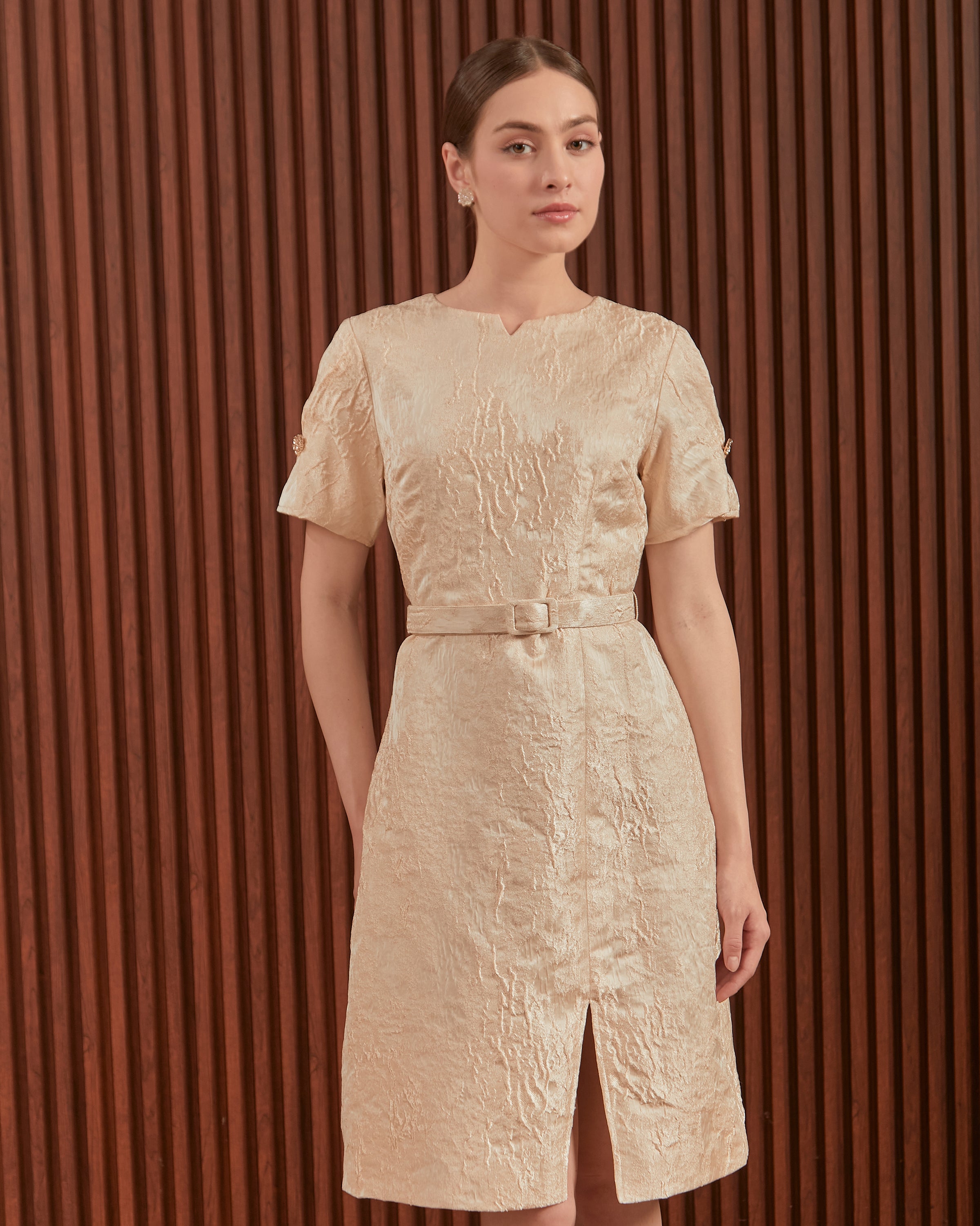 Candice Dress in Beige & Blue - Jacquard A-Line Women Dress