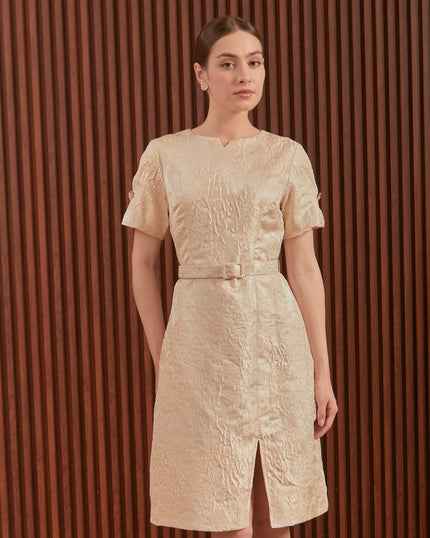 Candice Dress in Beige & Blue - Jacquard A-Line Women Dress