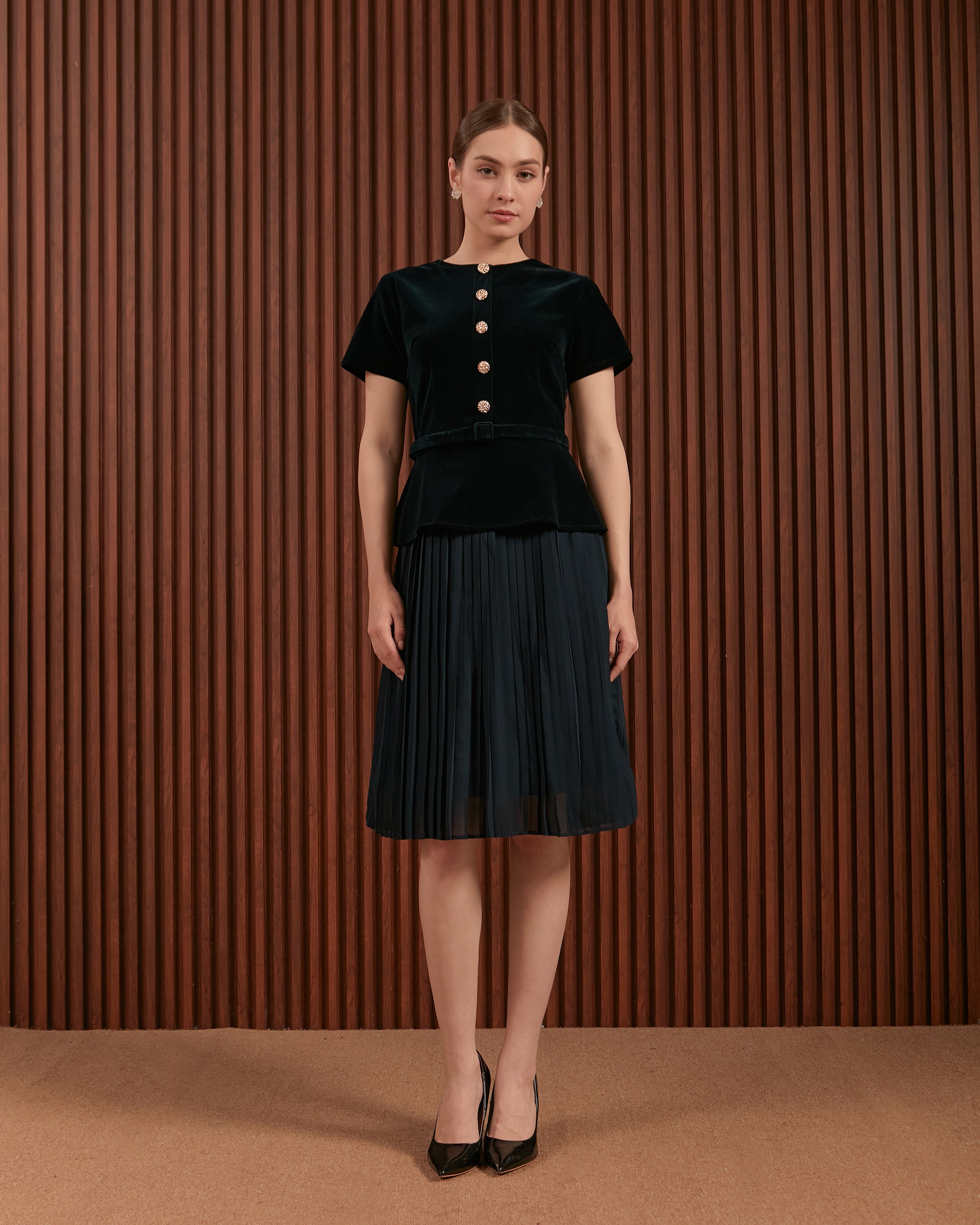 Ilena Dress in Red & Dark Green - Velvet Peplum Midi Dress