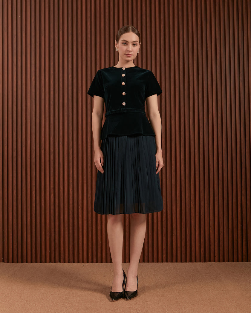 Ilena Dress in Red & Dark Green - Velvet Peplum Midi Dress