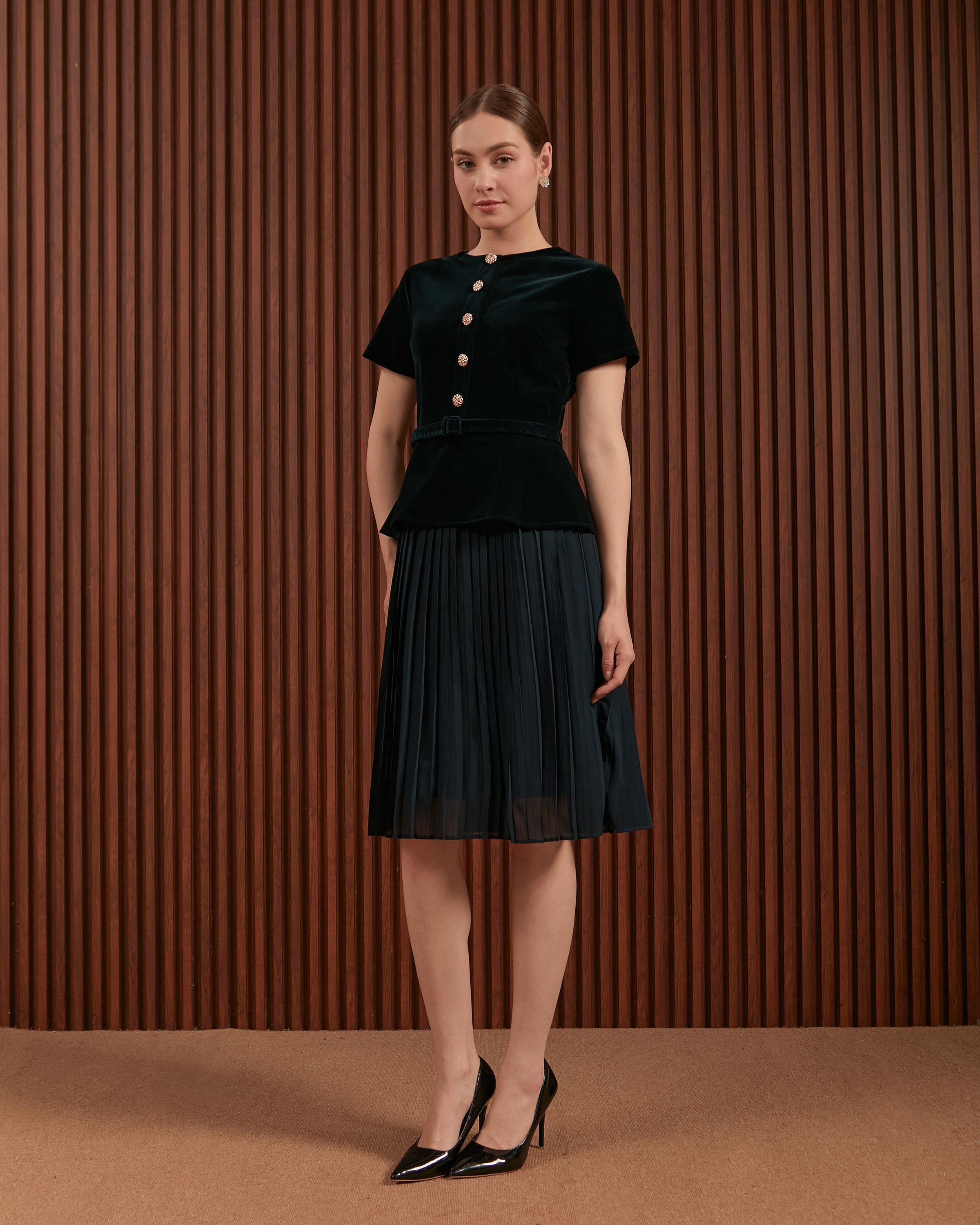 Ilena Dress in Red & Dark Green - Velvet Peplum Midi Dress