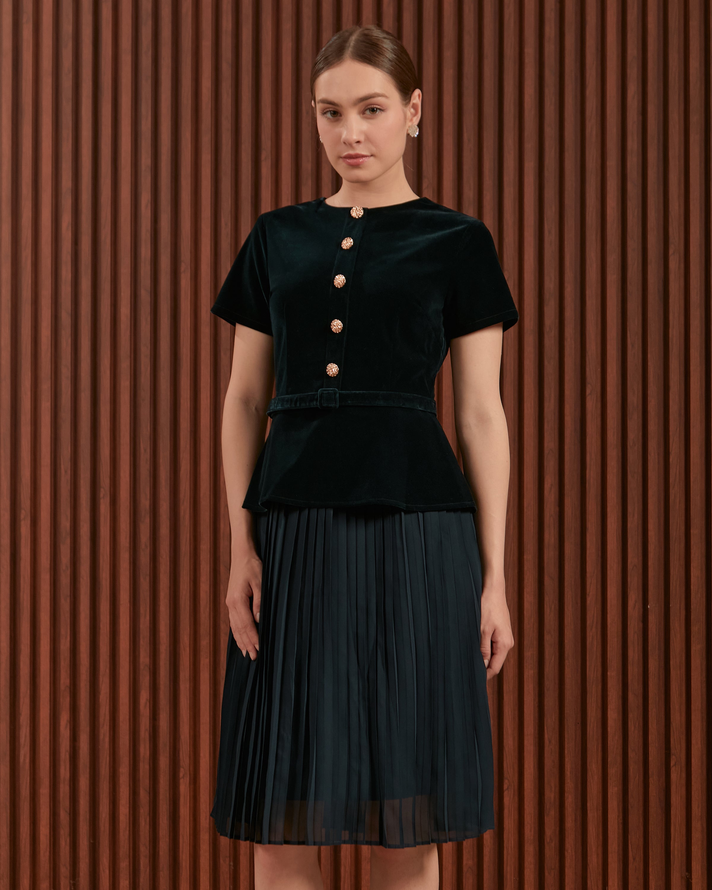 Ilena Dress in Red & Dark Green - Velvet Peplum Midi Dress