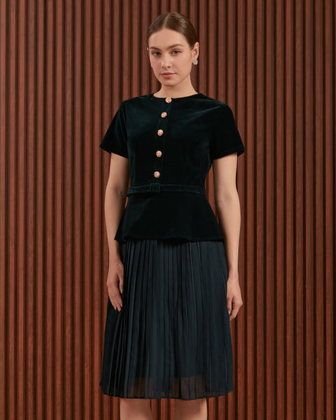 Ilena Dress in Red & Dark Green - Velvet Peplum Midi Dress