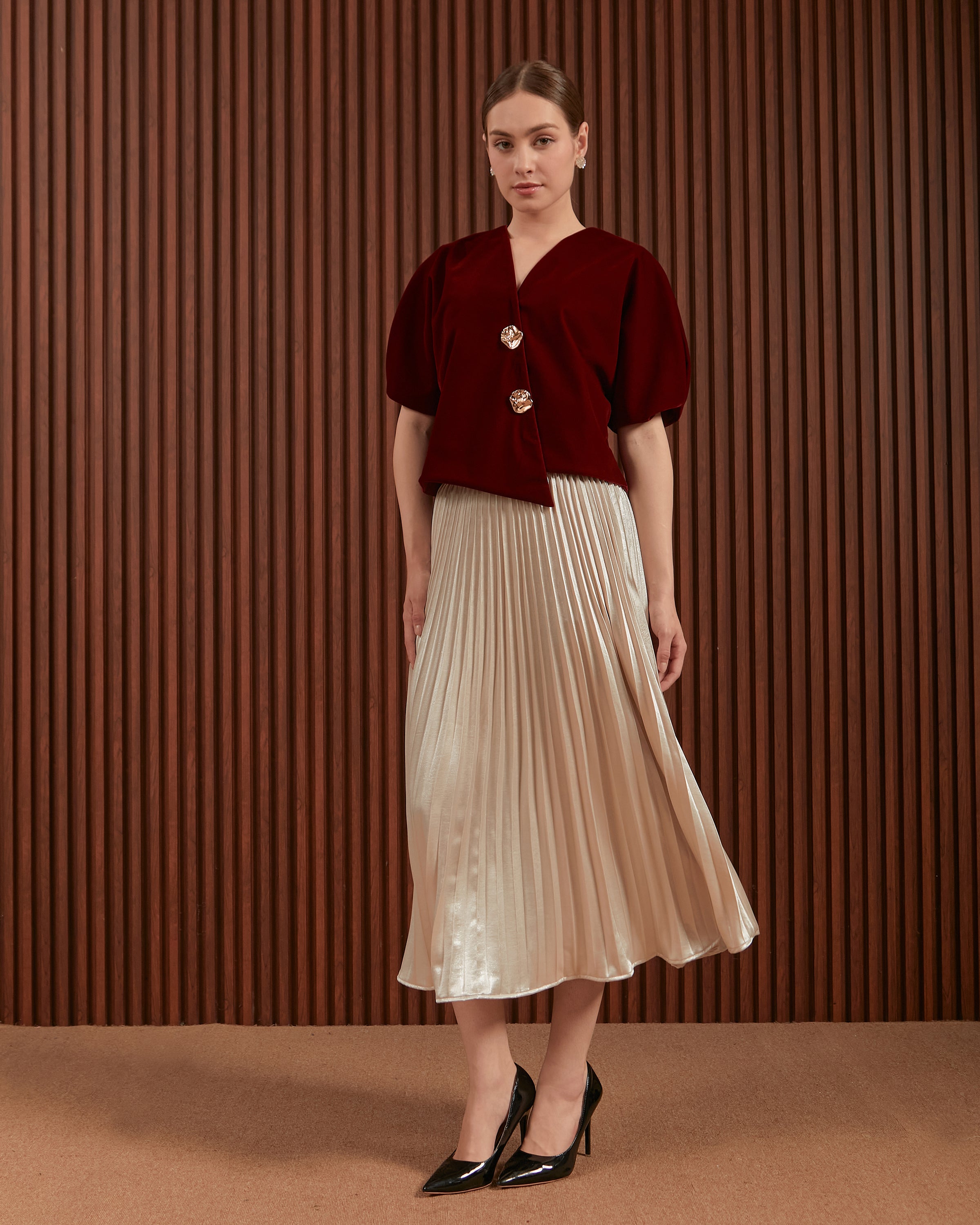 Ophelia Top in Green, Maroon & Red - Women Velvet Raglan Top