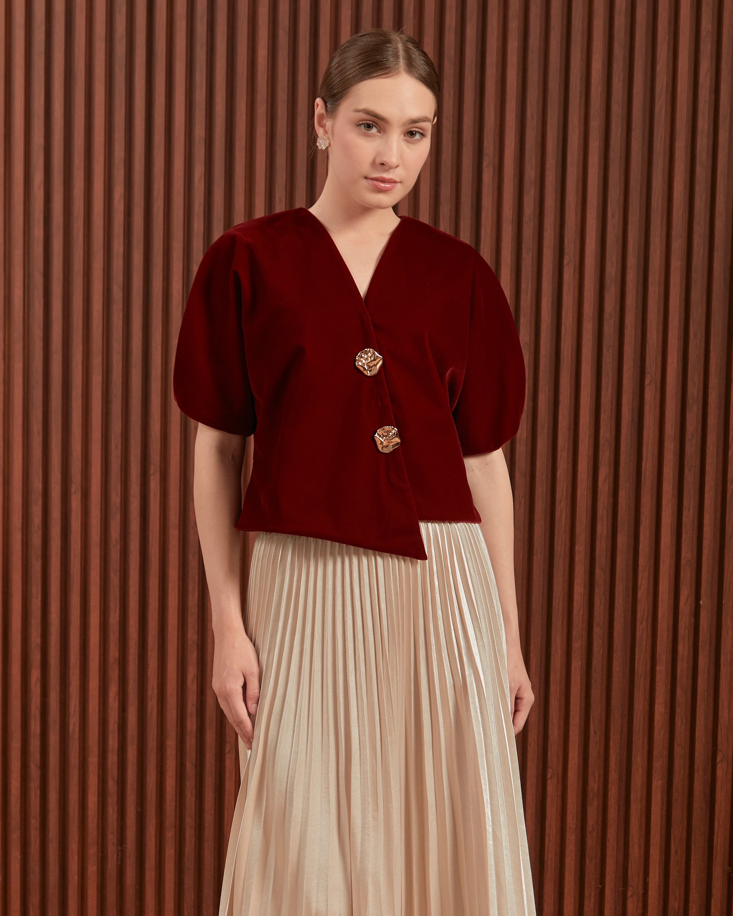 Ophelia Top in Green, Maroon & Red - Women Velvet Raglan Top