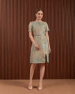 Candice Dress in Beige & Blue - Jacquard A-Line Women Dress