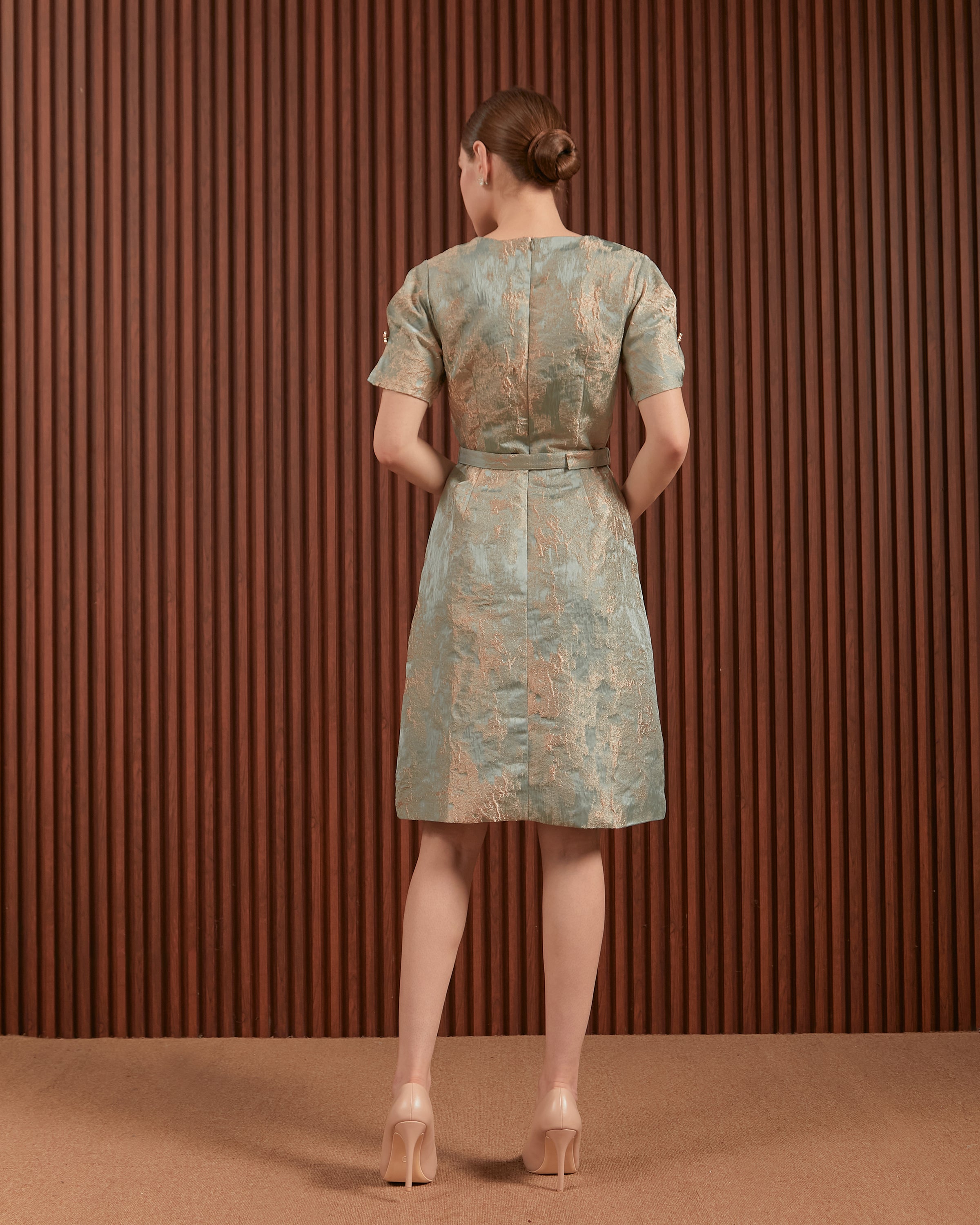 Candice Dress in Beige & Blue - Jacquard A-Line Women Dress