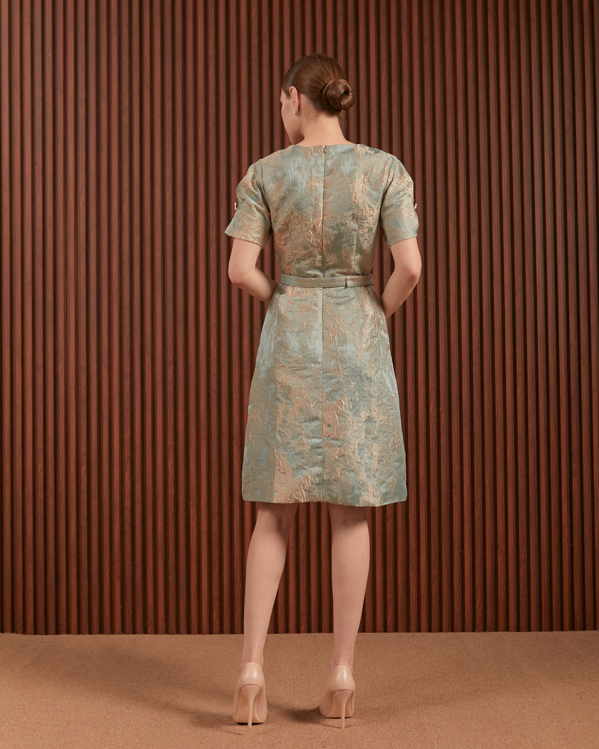 Candice Dress in Beige & Blue - Jacquard A-Line Women Dress