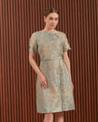 Candice Dress in Beige & Blue - Jacquard A-Line Women Dress