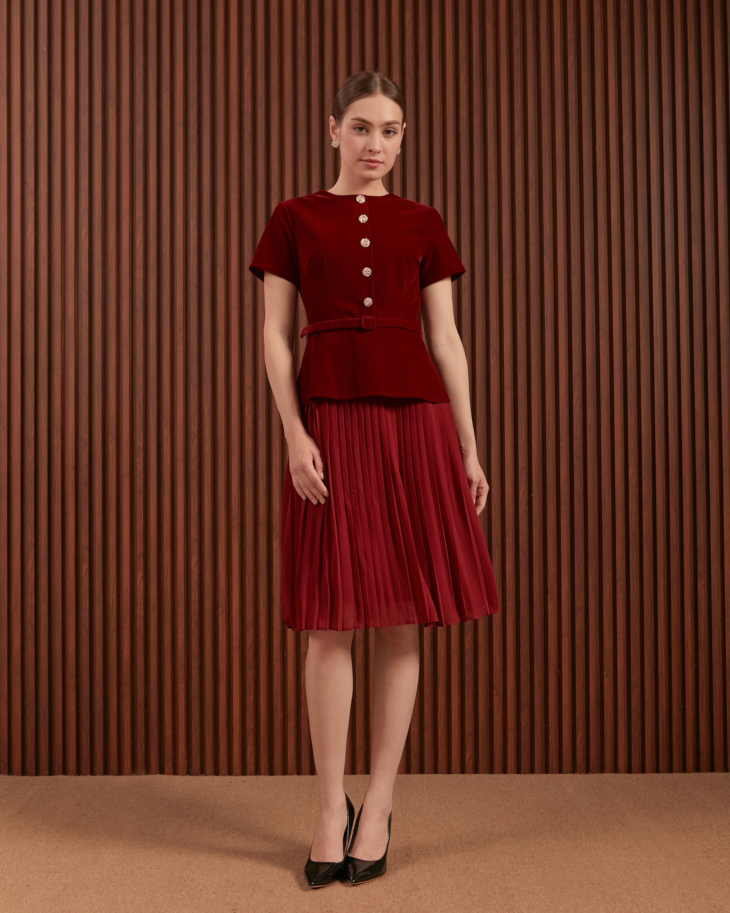 Ilena Dress in Red & Dark Green - Velvet Peplum Midi Dress