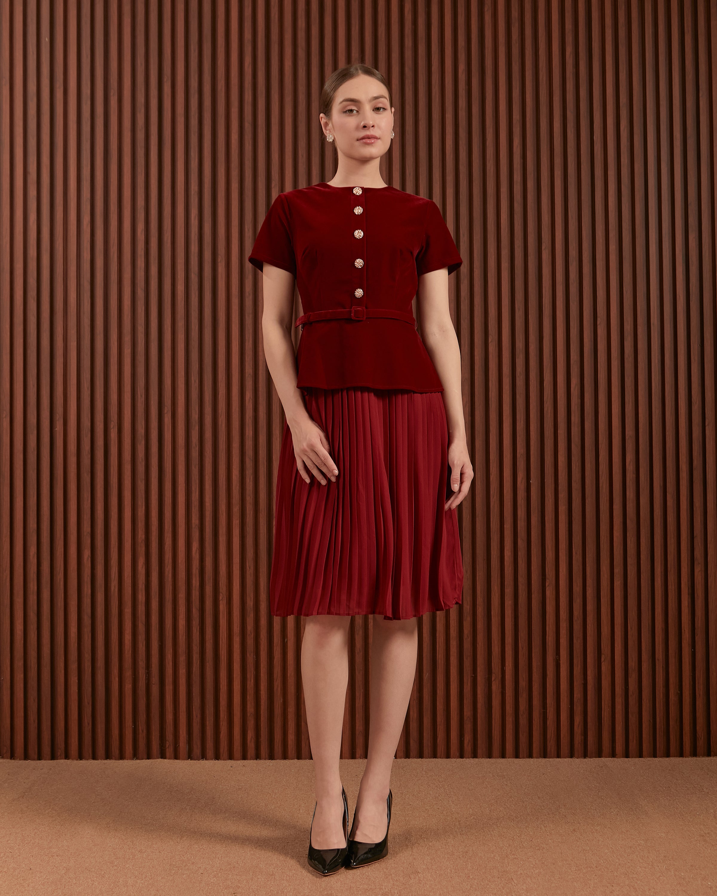 Ilena Dress in Red & Dark Green - Velvet Peplum Midi Dress