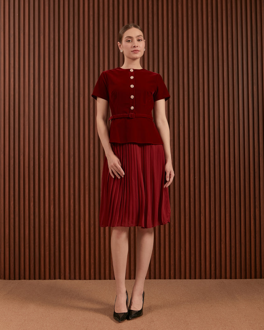 Ilena Dress in Red & Dark Green - Velvet Peplum Midi Dress