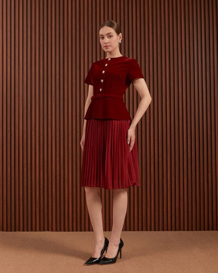 Ilena Dress in Red & Dark Green - Velvet Peplum Midi Dress