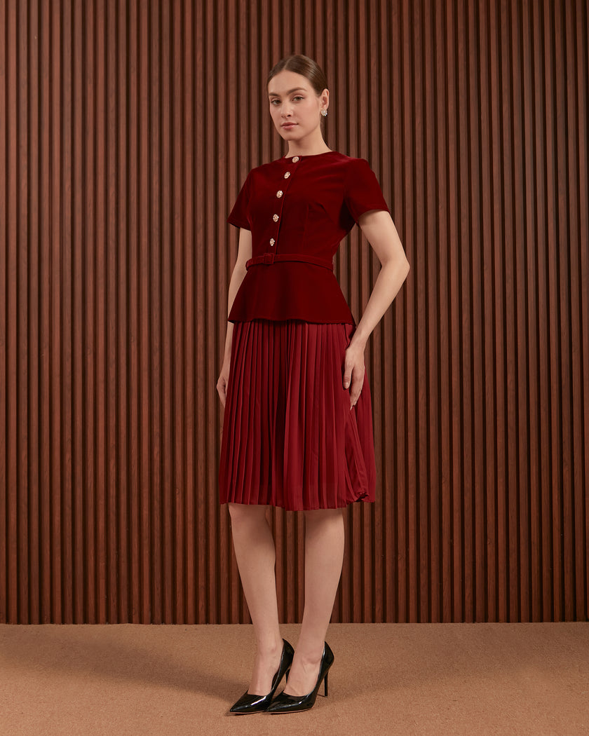 Ilena Dress in Red & Dark Green - Velvet Peplum Midi Dress