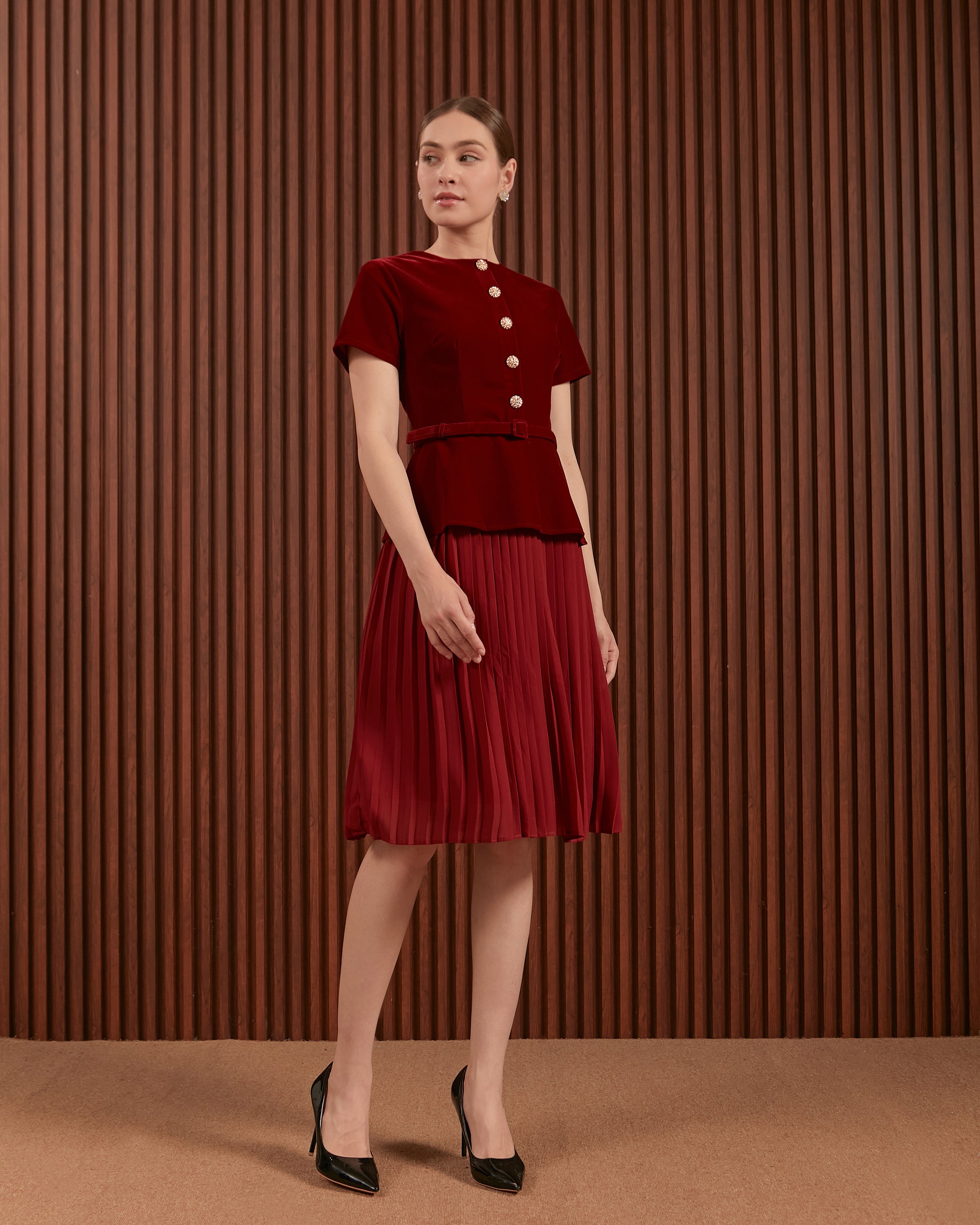 Ilena Dress in Red & Dark Green - Velvet Peplum Midi Dress