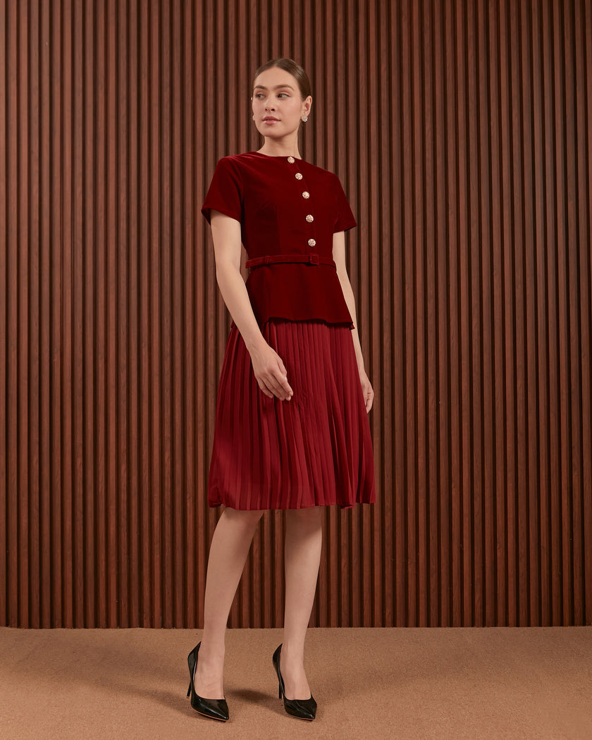 Ilena Dress in Red & Dark Green - Velvet Peplum Midi Dress