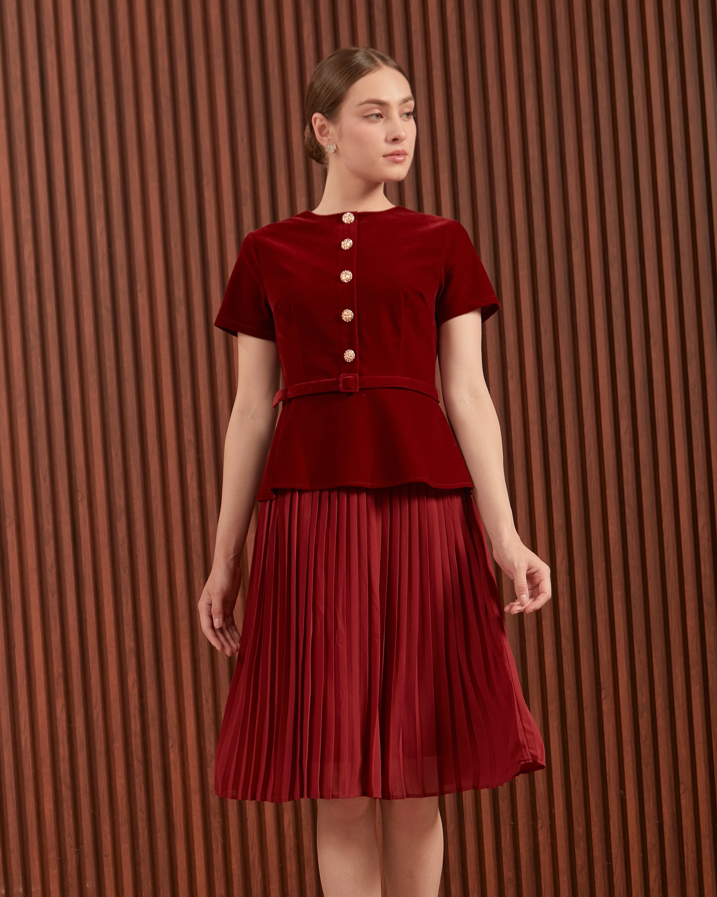 Ilena Dress in Red & Dark Green - Velvet Peplum Midi Dress