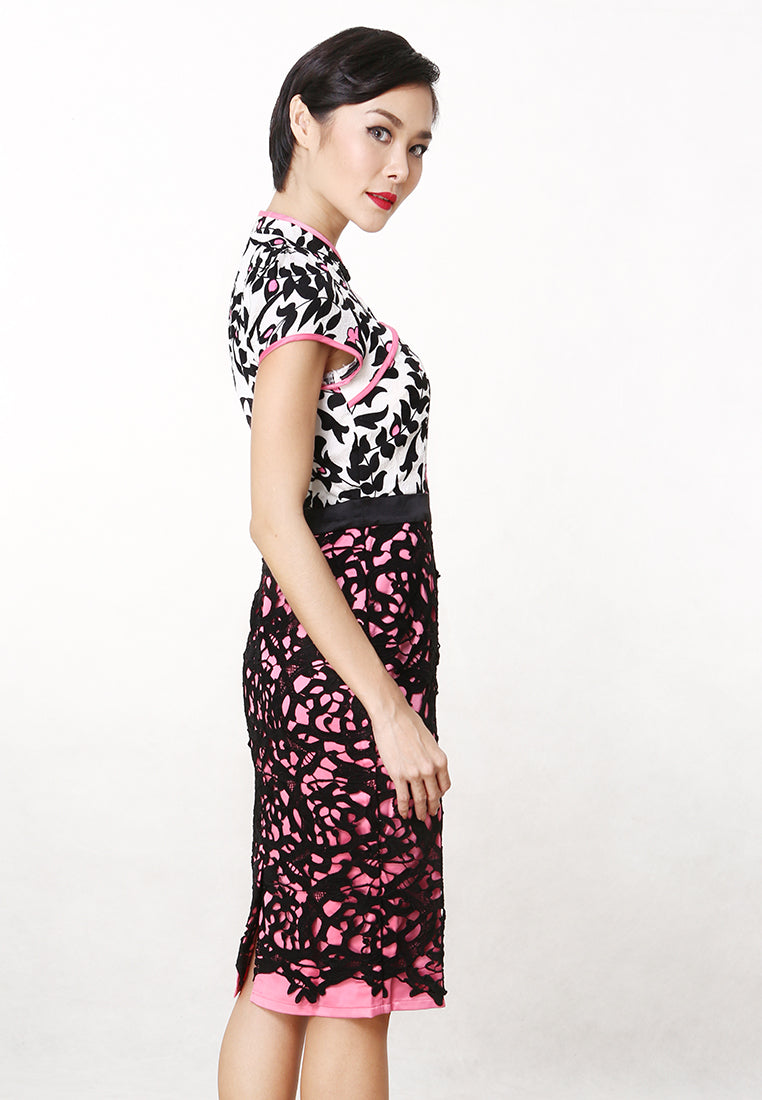 Peony Cheongsam Dress - Fitted Floral Print with Mandarin Collar Dress