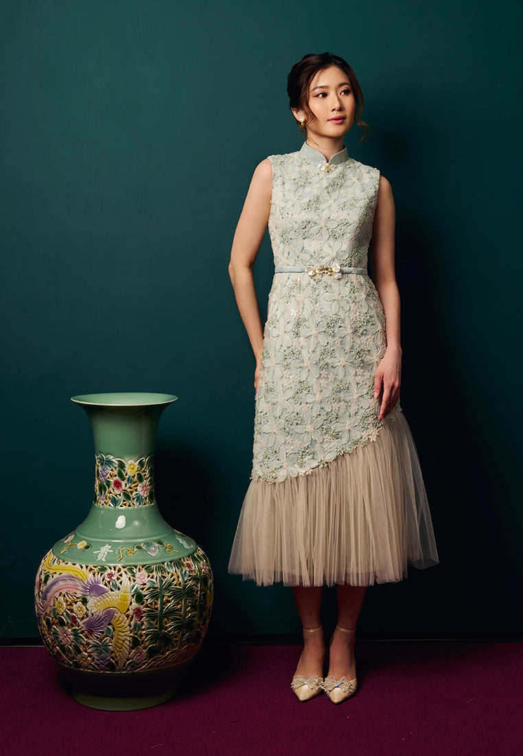 Ramora Cheongsam Dress – Satin & Lace Midi Tiered Dress (Pre-Order)