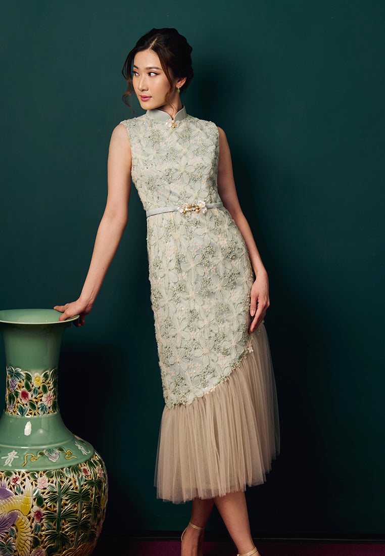 Ramora Cheongsam Dress – Satin & Lace Midi Tiered Dress (Pre-Order)