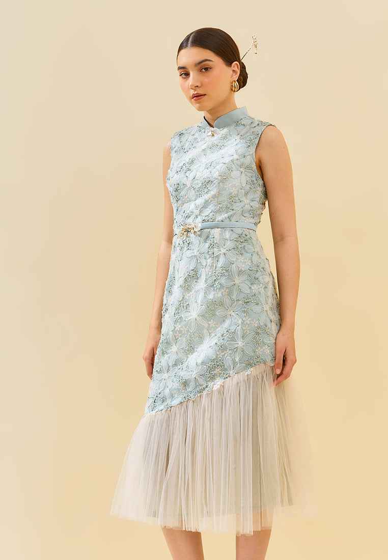 Ramora Cheongsam Dress – Satin & Lace Midi Tiered Dress (Pre-Order)