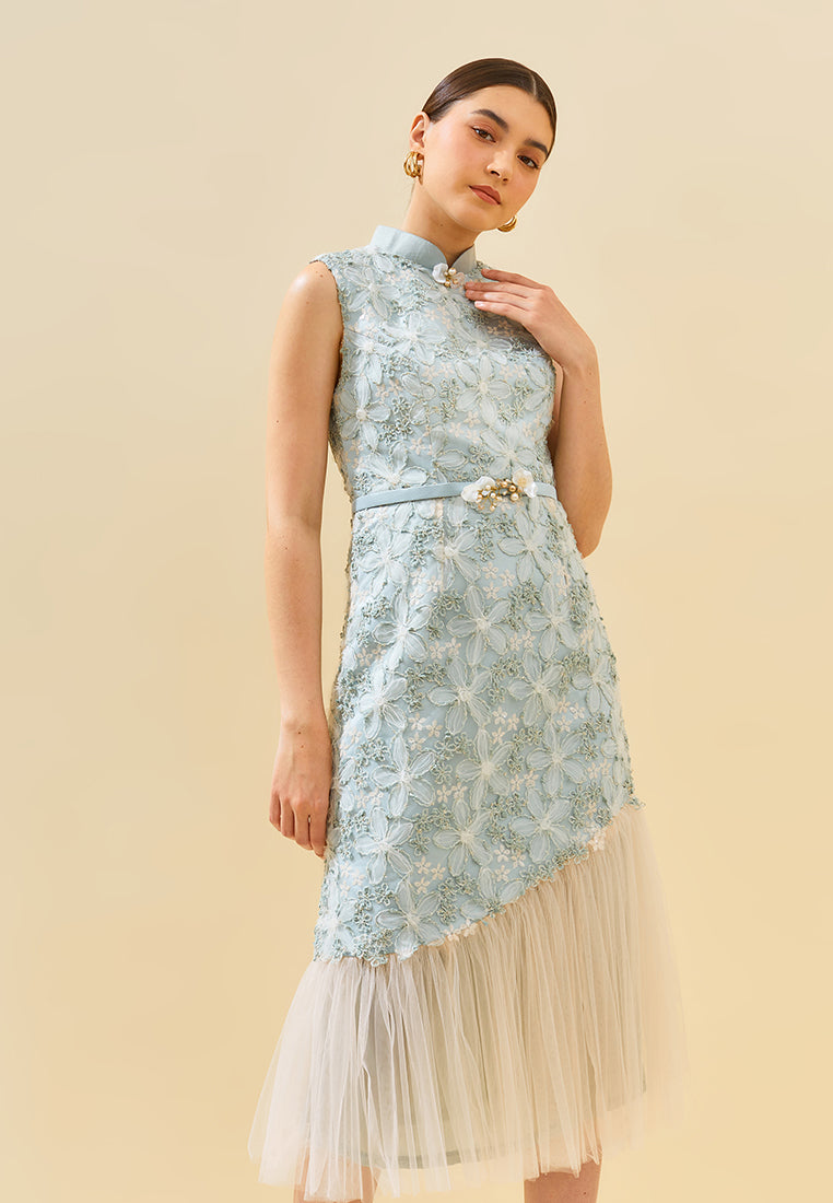 Ramora Cheongsam Dress – Satin & Lace Midi Tiered Dress (Pre-Order)