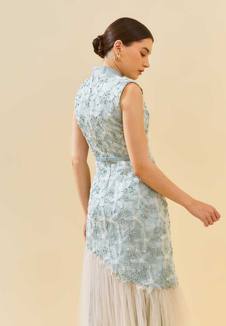 Ramora Cheongsam Dress – Satin & Lace Midi Tiered Dress (Pre-Order)