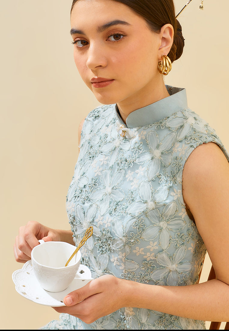 Ramora Cheongsam Dress – Satin & Lace Midi Tiered Dress (Pre-Order)