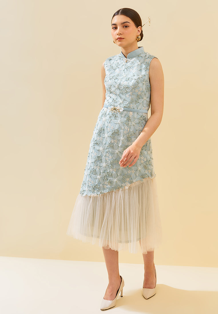 Ramora Cheongsam Dress – Satin & Lace Midi Tiered Dress (Pre-Order)