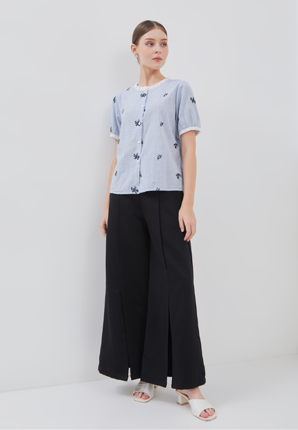 Rieta Top - Floral-embroidered Stripes Print