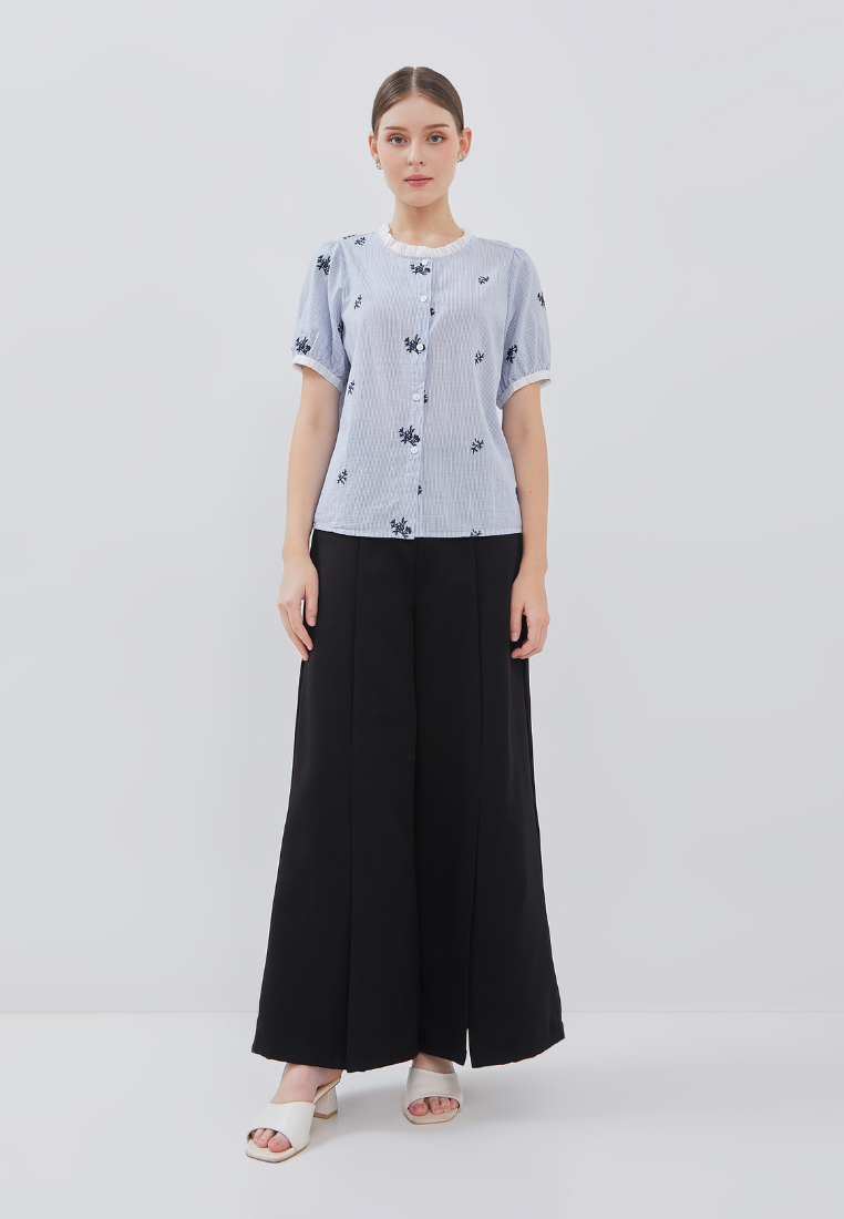 Rieta Top - Floral-embroidered Stripes Print