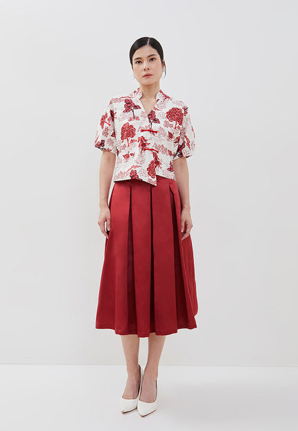 Sadie Cheongsam Skirt - Midi Pleated Satin Skirt (Pre-Order)