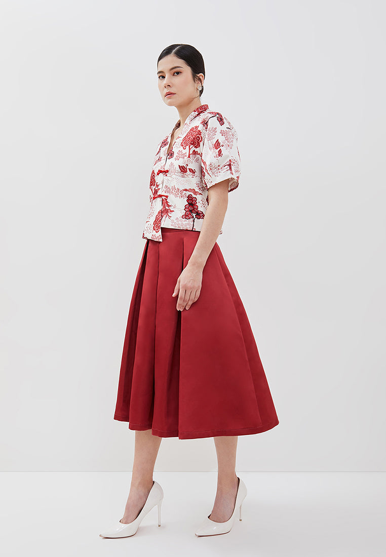 Sadie Cheongsam Skirt - Midi Pleated Satin Skirt (Pre-Order)