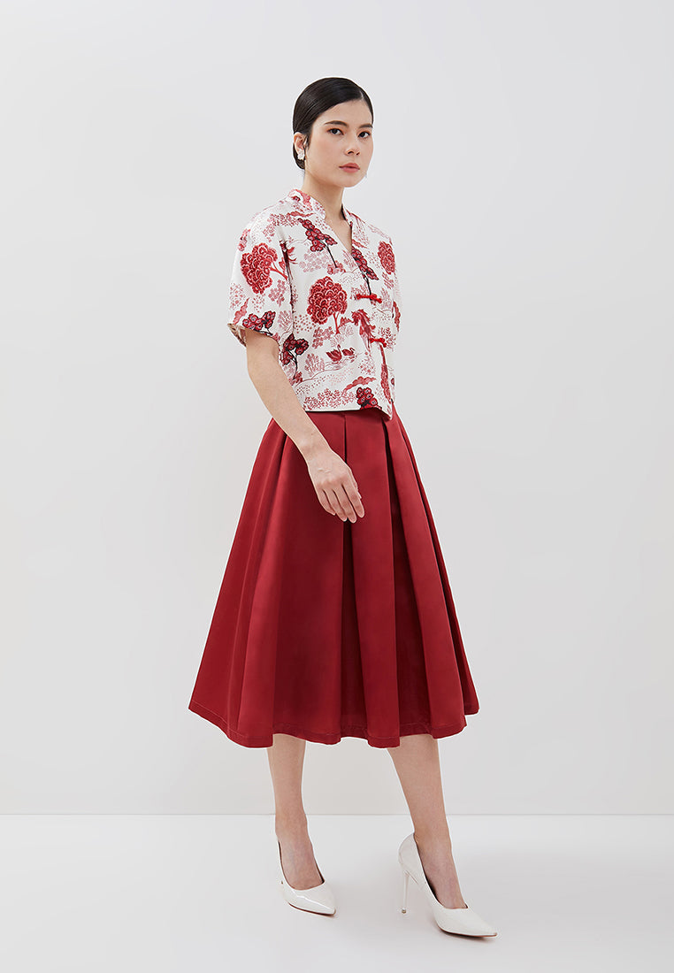 Sadie Cheongsam Skirt - Midi Pleated Satin Skirt (Pre-Order)