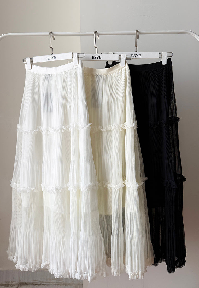 Solene Skirt - Long Pleated Skirt with Layer & Ruffle